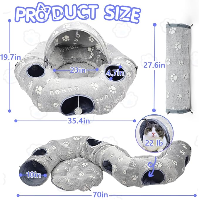 Cat Tunnel Bed, Cat Tunnels for Indoor Cats, Cat Donut Tunnel Toy with Washable Circle Cushion, Straight Shaped Tunnel, 4 Fluffy Balls, Blackout Tent, Self-Luminous Cat Toys（Grey）