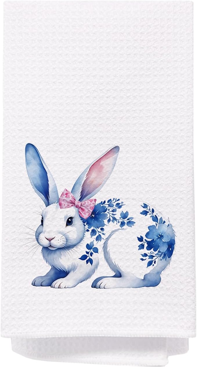 SPBL&L Easter Kitchen Towels, Blue and White Chinoiserie Floral Bunny Easter Hand Towels, Bunny Gifts Dish Towels for Kitchen, Easter Kitchen Bathroom Decor, Easter Bunny Decor, 16x24 Inches