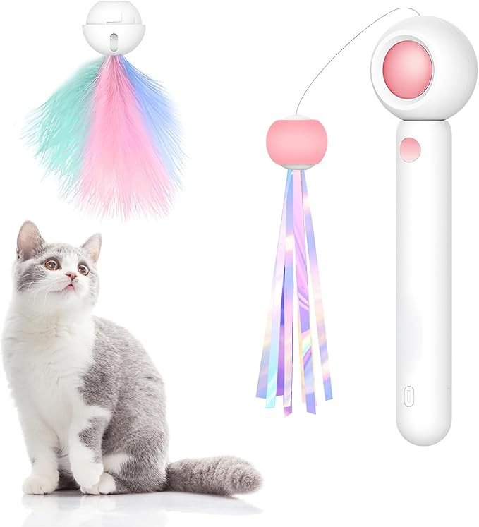 Cat Feather Toys, Retractable Cat Wand,Cats Interactive Toys, Three-Function Cat Toy, Cat Teaser Toy for Indoor Cats
