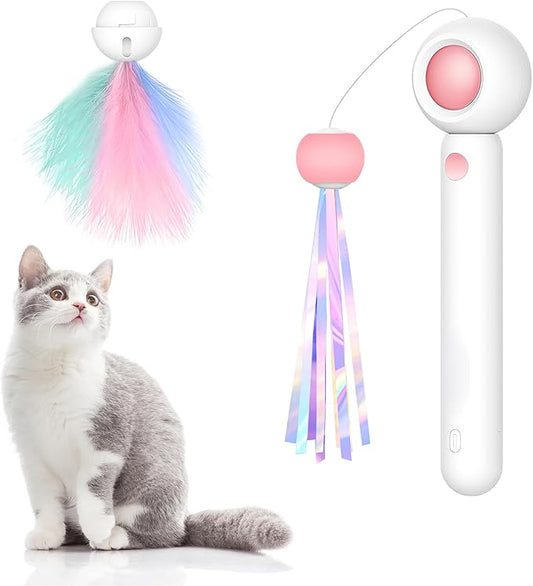Cat Feather Toys, Retractable Cat Wand,Cats Interactive Toys, Three-Function Cat Toy, Cat Teaser Toy for Indoor Cats