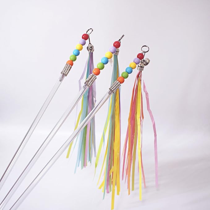 Cat Wands, 3 PCS Interactive Cat Toys with Rainbow Tassel and Bell Handcrafted Cat Tinsel Wand for Indoor Cats Kitten Play Chase Exercise