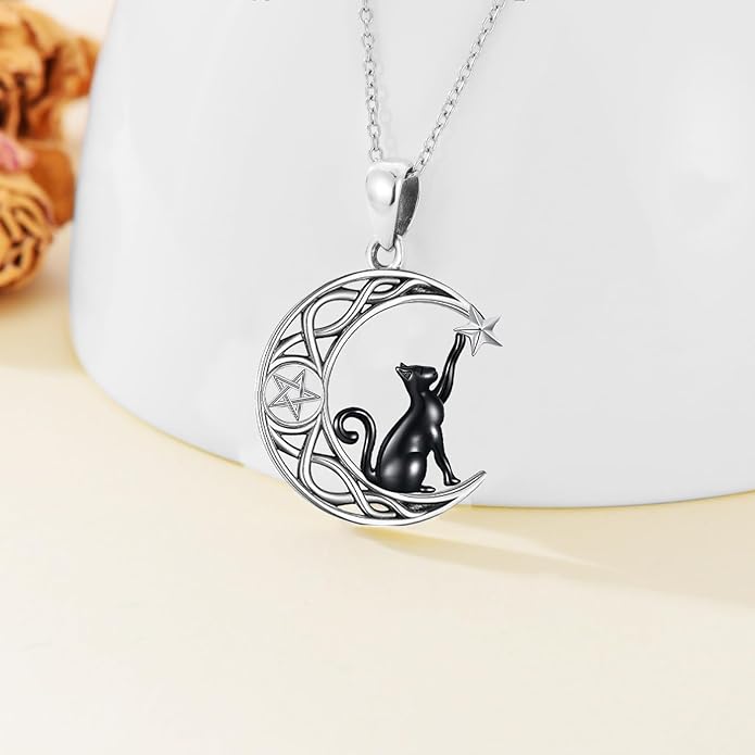 Black Cat/Dragon/Fox/Wolf Necklace 925 Sterling Silver Celtic Moon Pentagram Pendant Gothic Jewelry Goth Halloween Gifts for Women