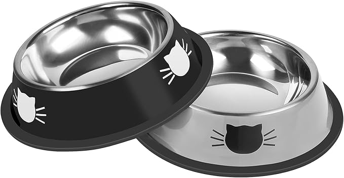 2Pcs Cat Bowls Non-Slip Stainless Steel Small Cat Food Bowls Unbreakable Thicken Cat Feeder 13 Oz Cat Dishes Suitable for Indoor Small Pets Removable Rubber Base Easily Clean Lovely Color