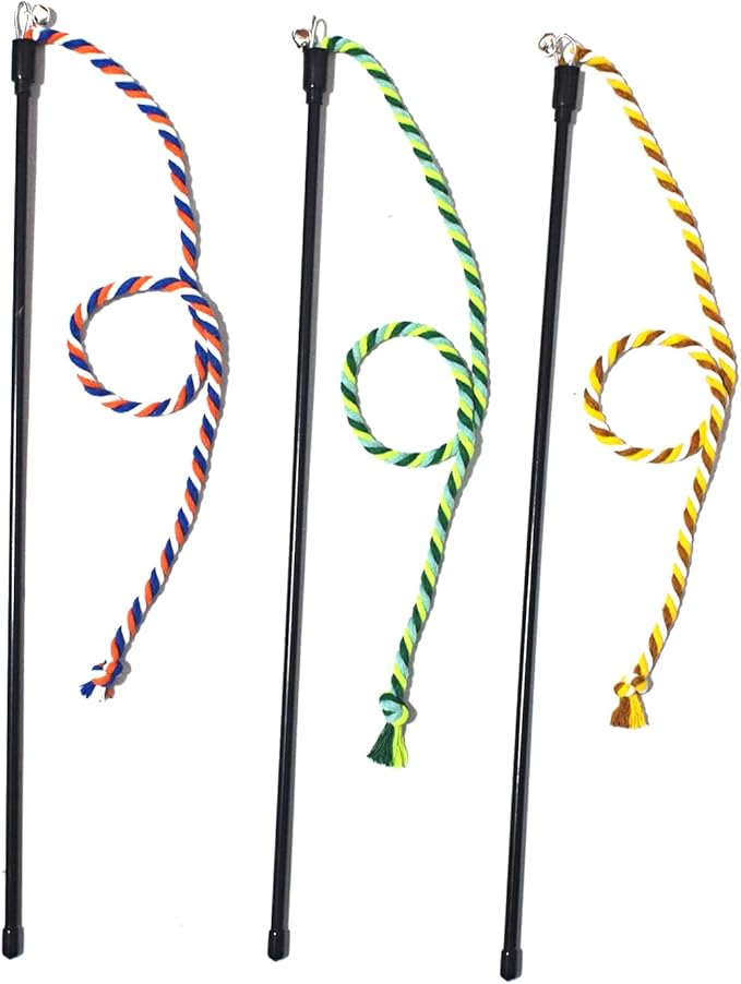 IUHKBH Cat Wands, 3 PCS Colorful Rope Cat Toys Interactive Cat Teaser Wands with Bell for All Breed Sizes