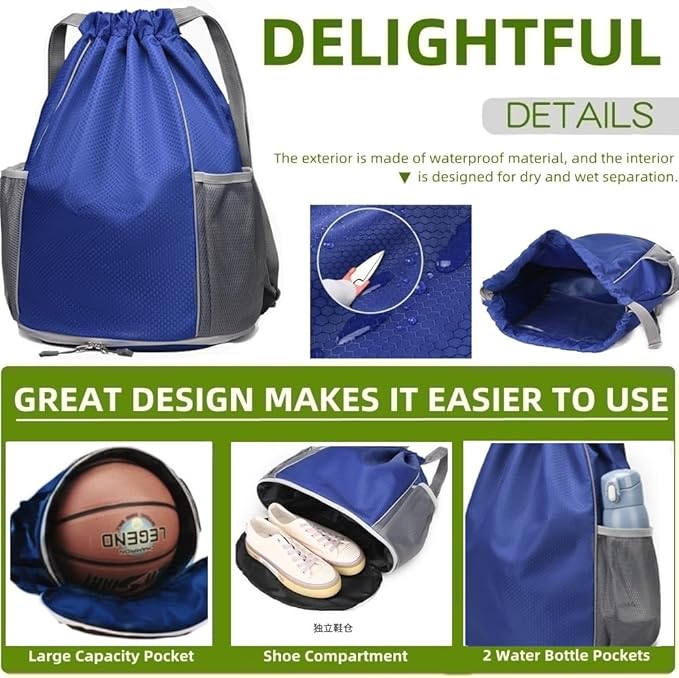 BLIRITEL Drawstring Backpack Sports Gym Bag, Soccer Backpack, Waterproof Soccer Bag for Men Women, String Basketball Bag Football Volleyball Backpack (Navy Blue)