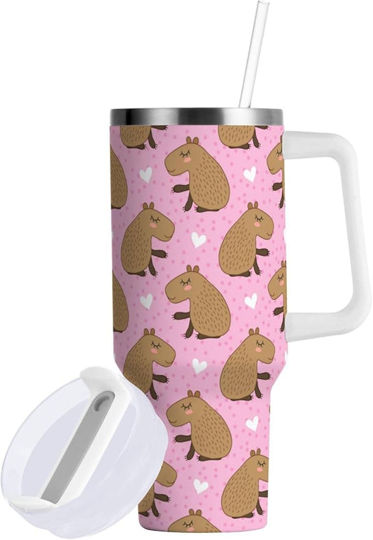 Boccsty Heart Cute Cartoon Capybara Insulated Tumblers Reusable Stainless Steel Tumbler 30 oz Cup Coffee Travel Mug Water Bottle with Handle & Flip Straw for Home Office Car