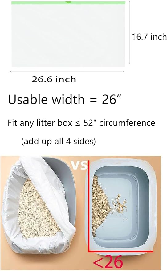 40 Count Cat Drawstring Litter Box Liners 26.6x16.7 inches 2Mils Super Thick White Cat Litter Waste Bags Poop Bags for Self-Cleaning Litter Box Cat Litter Pan Trays(Green Drawstring 40 count)