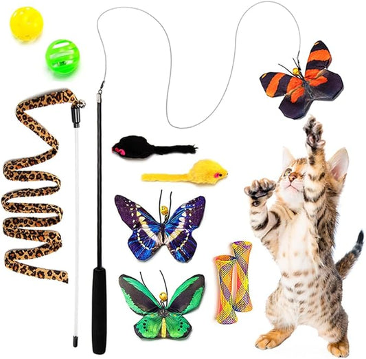 Butterfly Cat Wand Cat Toys Set, Realistic Crinkle Catnip Butterflies Kitten Toys with Retractable Interactive Cat Wand 11 PCS Cat Toys for Indoor Cats