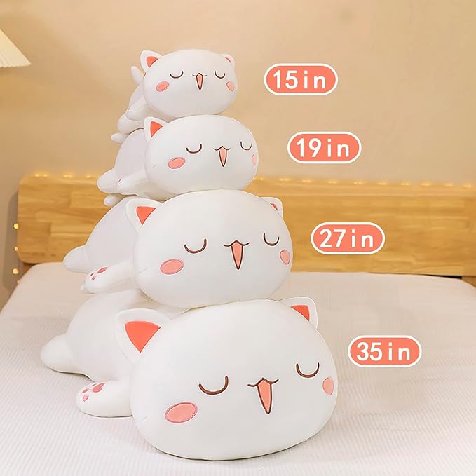 FUYU Cat Stuffed Animals, Soft Cat Plush Pillow Kawaii Kitten Stuffed Animal Toy Gifts for Kids Boys Girls Room Decor (White Squinted Eyes,35in/87)