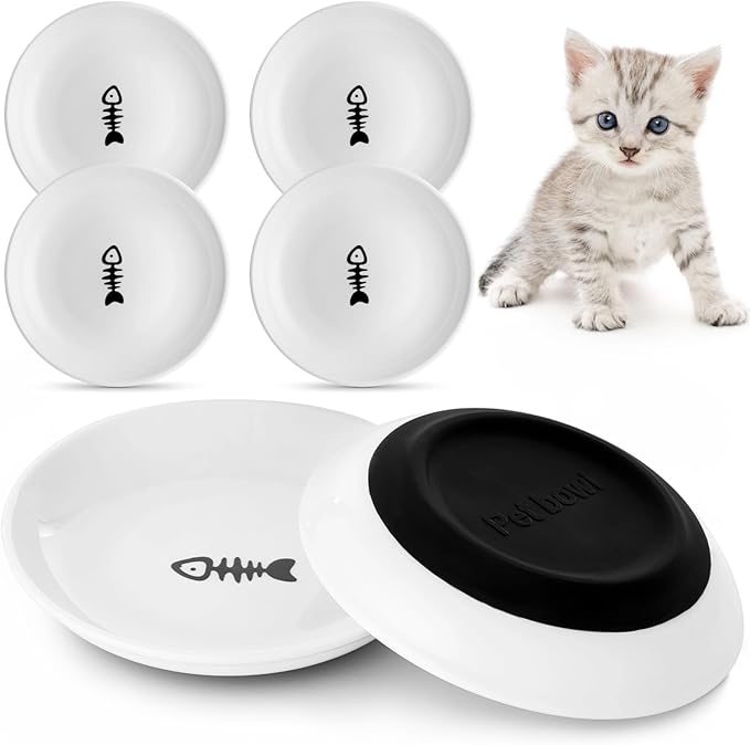 Dorakitten Ceramic Cat Bowls 6 Packs, No Whisker Fatigue Wide Shallow Cat Dishes with Non-Slip Silicone Bottom, Pet Cat Food Water Plates Bowls, 15cm Diameter, 6Pcs Fish bone