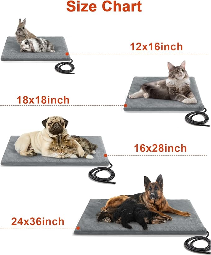 Pet Heating Pad,Extremely Waterproof Heated Cat Dog Bed Outdoor & Indoor,Multi-Size Heated Dog Cat Blanket Mat,Pet Heater Warmer for Cat Dog House Whelping Box(Grey,L-28 Lx16 W)