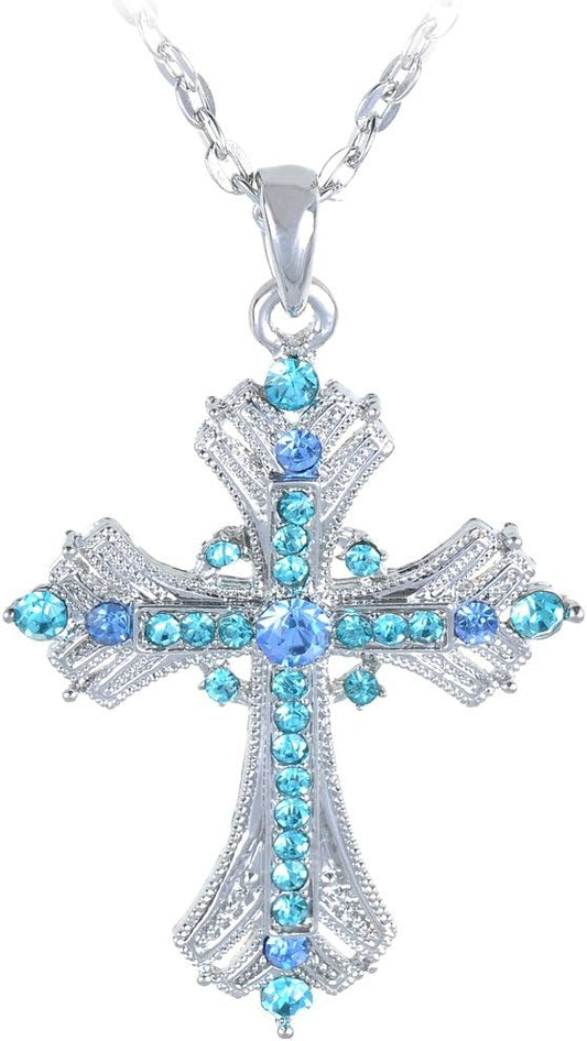 Alilang Silvery Tone Religious Cross Pendant Necklace w/Aquamarine Blue Or Clear Crystal Rhinestones
