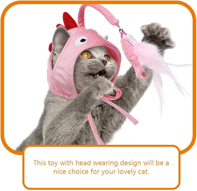 POPETPOP Pet Cat Teaser 2pcs Head Mounted Cat Headgear Interactive Self-Service Adjustable Size Cat Hat Feather (Pink)