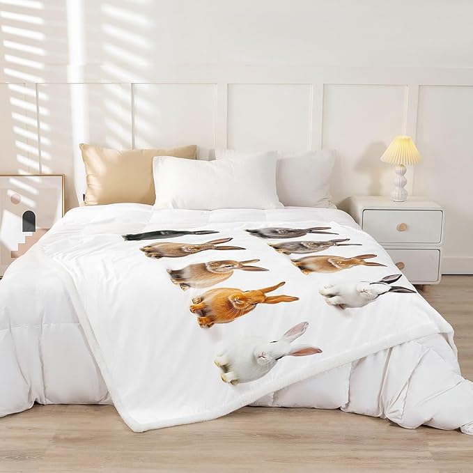 Girls Cute Rabbit Fleece Throw Blanket for Sofa Couch Daughter 3D Pet Animal Theme Sherpa Blanket Lovely Hare Plush Blanket Room King 87"x95"