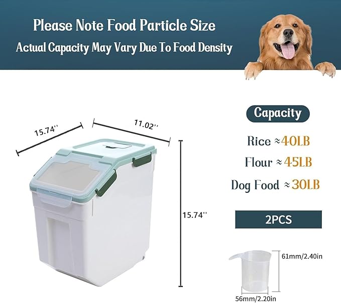 AnRui 2Pcs Airtight Flour Storage Containers 45LB, Large Rice Storage Container, Plastic Cereal Grain Dispenser Organizer Pet Dog Cat Food Storage Bin with Lid, with Measuring Cup, Scoop, Green
