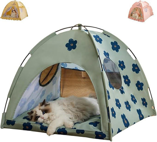 Cat Fairytale Bed, Cute Semi-Enclosed Ventilated Indoor Decoration House with Shade Cover for All Seasons (Green,Medium)