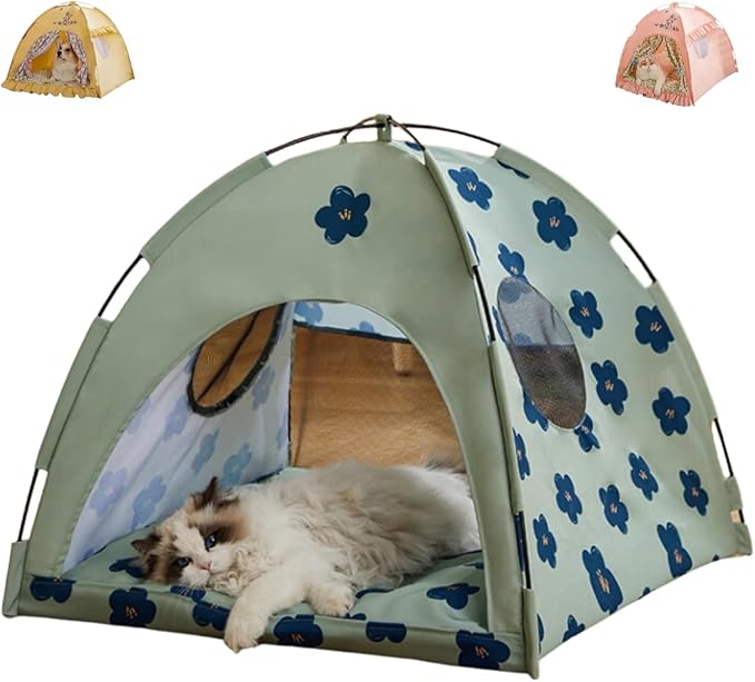 Cat Fairytale Bed, Cute Semi-Enclosed Ventilated Indoor Decoration House with Shade Cover for All Seasons (Green,Large)