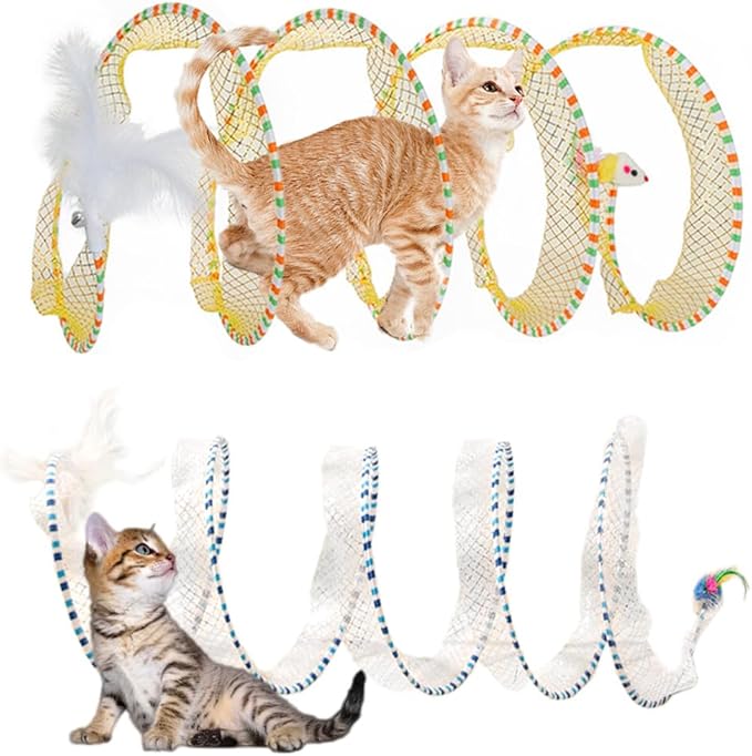 Cat Tunnel Spring Toy 2 Pcs Cat Teaser Stick Collapsible, Kitten Tunnel Bored Pet Cat Hunting Play Tunnel with Feather Mouse Toys for Cat, Kitty, Kitten, Rabbit, Puppy