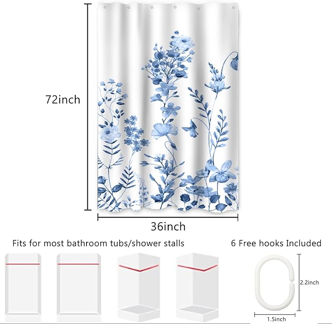 AWERT Small Half Size Stall Shower Curtain with 6 Hooks Shower Stall Curtain 36 x 72 Light Blue Floral 36 inch Shower Curtain for Bathroom/RV and Camper (Light Blue)