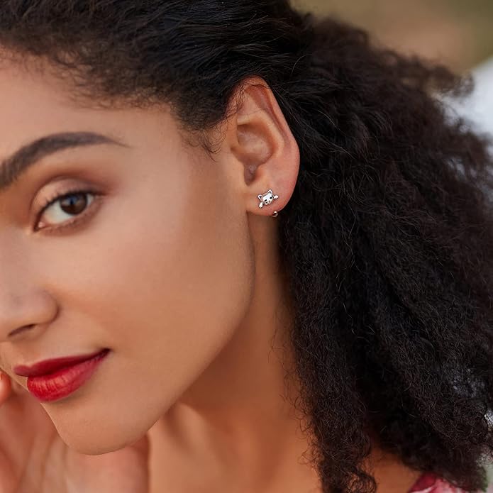 BISAER 925 Sterling Silver Half Huggie Hoop Earrings Cute Cat Dog Panda Animal Earrings for Women Jewelry Gifts