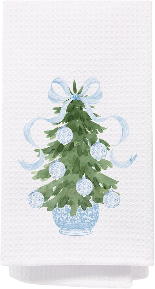 SPBL&L Light Blue Chinoiserie Christmas Kitchen Towels, Light Blue Bow Christmas Hand Towels for Bathroom, Chinoiserie Decor, Christmas Dish Towels, Christmas Kitchen Bathroom Decor, 16x24 Inch