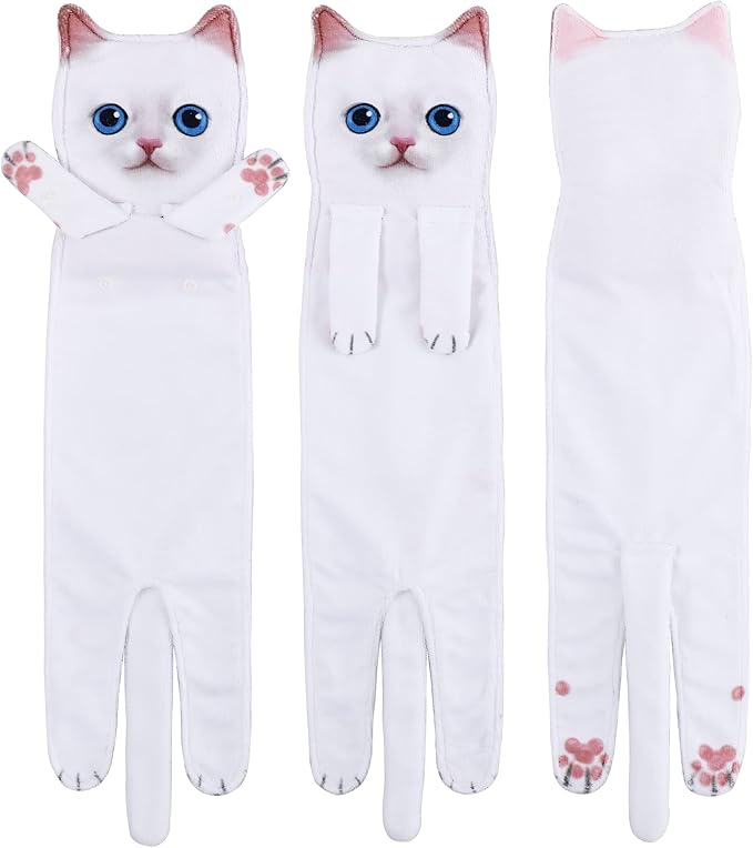 Funny Hand Towels for Bathroom Kitchen - Cute Decorative Cat Decor Hanging Washcloths Face Towels Super Absorbent Soft - Mothers Day Easter House Warming Birthday Gifts for Women Cat Lovers-White