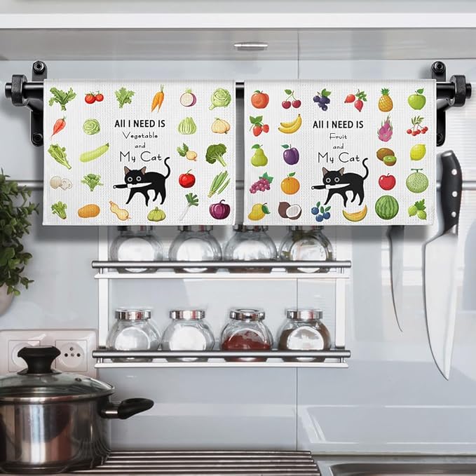 2-Pack Whimsical Veggie and Fruit Kitchen Towels Set-Quick-Drying Decorative Dish Towels with 'My Cat & Garden Harvest' Designs,Funny Animal Theme Hand Towels for Cooking,Purrfect Gifts for Cat Ladies