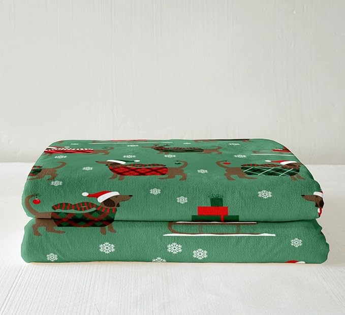 Erosebridal Dachshund Fleece Blanket for Kids Boys Girls Christmas Sherpa Blanket Queen Size Cute Sausage Dog Blanket Xmas Sleigh Throw Blanket for Chair Snowflake Decorations Travel Blanket