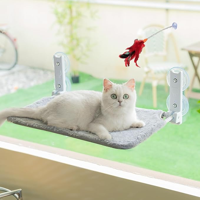 Marchul Cat Window Perch with Feather Bell Cat Wand, Foldable Cat Window Hammock, Cat Bed Window with 4 Strong Suction Cups, Sturdy Metal Frame and Soft Cover Available for All Seasons