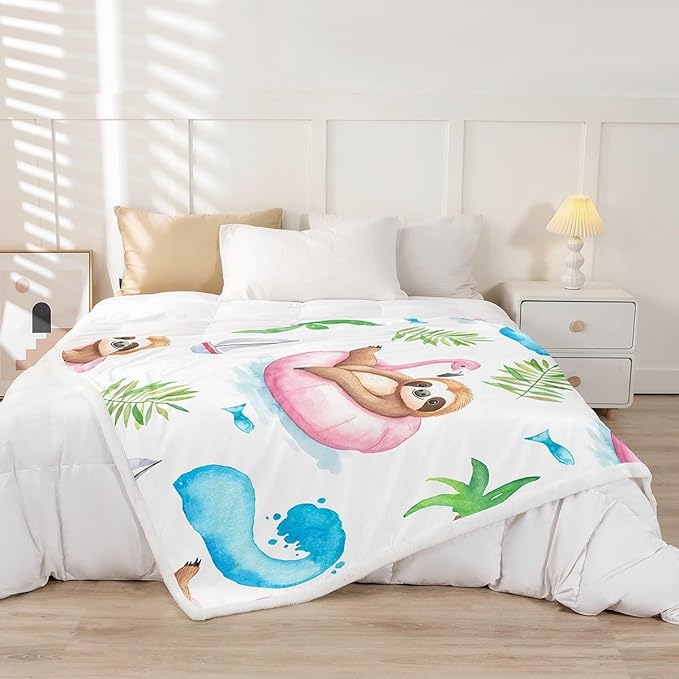 Tropical Animal Plush Blanket Cute Sloth Fleece Throw Blanket for Sofa Couch Bed Flamingo Float Sherpa Blanket Cartoon Sloth Hawaiian Summer Vacation Fuzzy Blanket Room Decor King 87x95 Inch