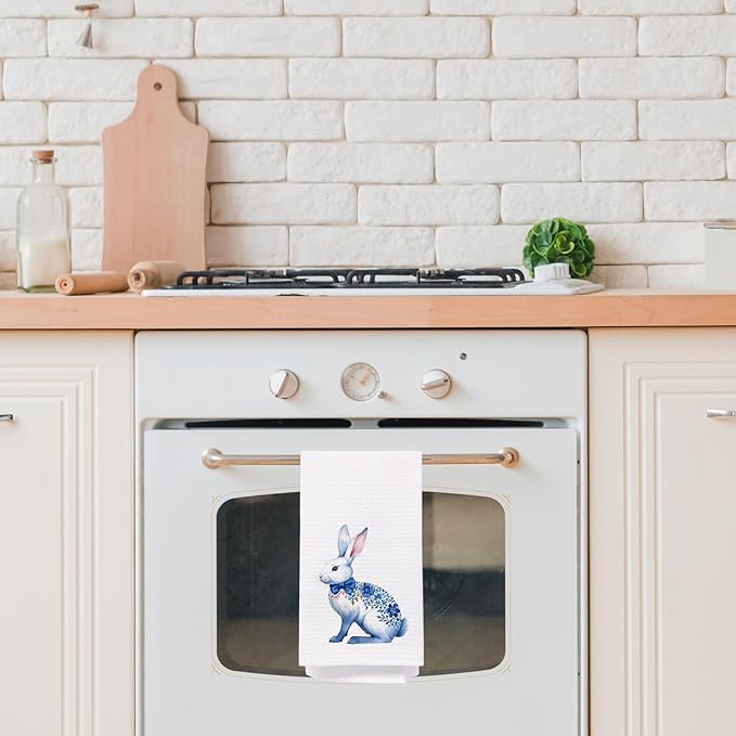 SPBL&L Easter Chinoiserie Hand Towel, Blue Floral Bunny Hand Towels for Bathroom, Easter Kitchen Bathroom Decor,Bunny Decor, 16x24 Inches