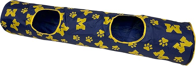 NCAA Michigan Wolverines Cat Tunnel Tube Toy with Plush Football Catnip and Feathers