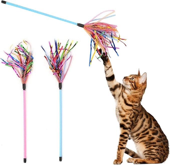 Cat Toy Wand 2PCS Interactive Cat Feather Toy Cat Teaser with Sound Paper Tassels and Soft Line Tube(Pink+Blue)