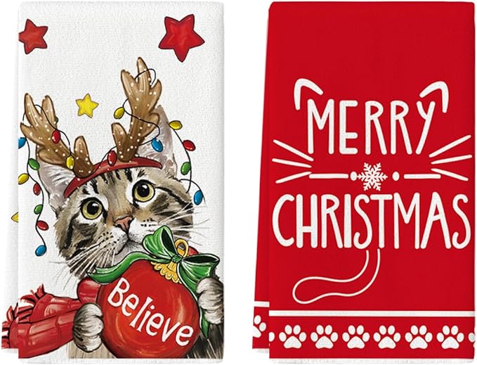 Artoid Mode Red Cat Merry Christmas Kitchen Towels Dish Towels, 18x26 Inch Star Xmas Ball Believe Daily Winter Decoration Hand Towels Set of 2