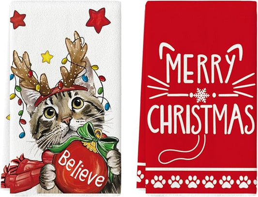 Artoid Mode Red Cat Merry Christmas Kitchen Towels Dish Towels, 18x26 Inch Star Xmas Ball Believe Daily Winter Decoration Hand Towels Set of 2