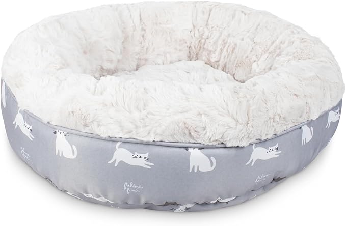 Fringe Studio Cat Bubble Text Mudcloth Gray Small Circle Pet Bed 18"- Poly Filled with Faux Fur Interior - Machine Washable
