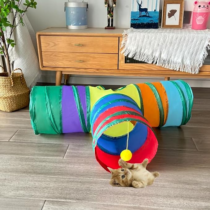 Cat Tunnel Tube Toys, Colorful Tunnels for Indoor Cats, 3 Way Collapsible Interactive Toy Maze House with Peek Holes Dangling Ball for Rabbit, Kitten, Kitty, Puppy