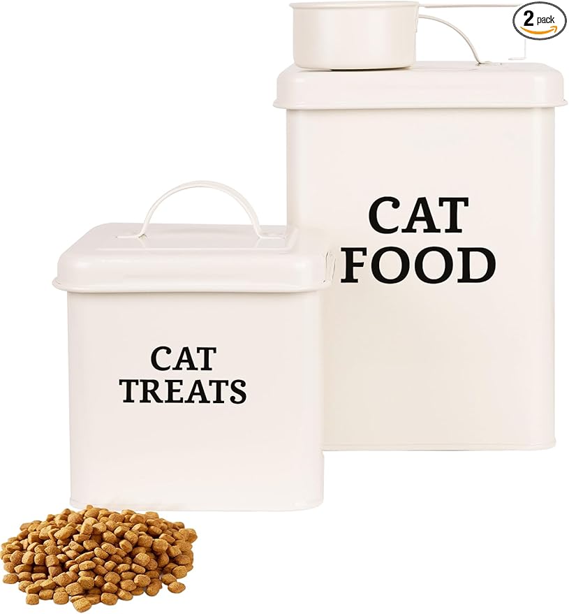 2 Packs Cat Food Storage Containers, Metal Cat Food and Treats Containers With Lid & Scoop, Farmhouse Pet Food Storage Containers, Cream