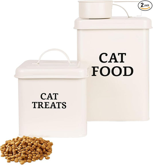 2 Packs Cat Food Storage Containers, Metal Cat Food and Treats Containers With Lid & Scoop, Farmhouse Pet Food Storage Containers, Cream