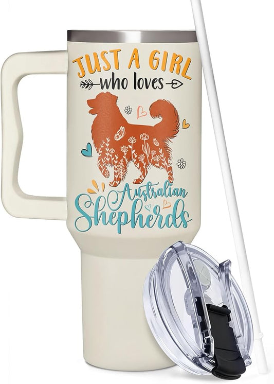 Australian Shepherd Gifts for Girls & Women, Christmas and Mother's Day Gifts for Australian Shepherd Lovers, Birthday Present Idea for Dog Owners, Dog Mom 40oz Tumbler with Handle & Straw