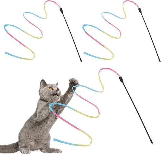 Molain Cat Wand Rainbow Toy, 3pcs Rainbow Ribbon Cat Wand for Kittens Training Rainbow Ribbon Cat Interactive Catcher Wand Stick Toy for Kitten Cat Indoor Exerciser Playing(30cm)