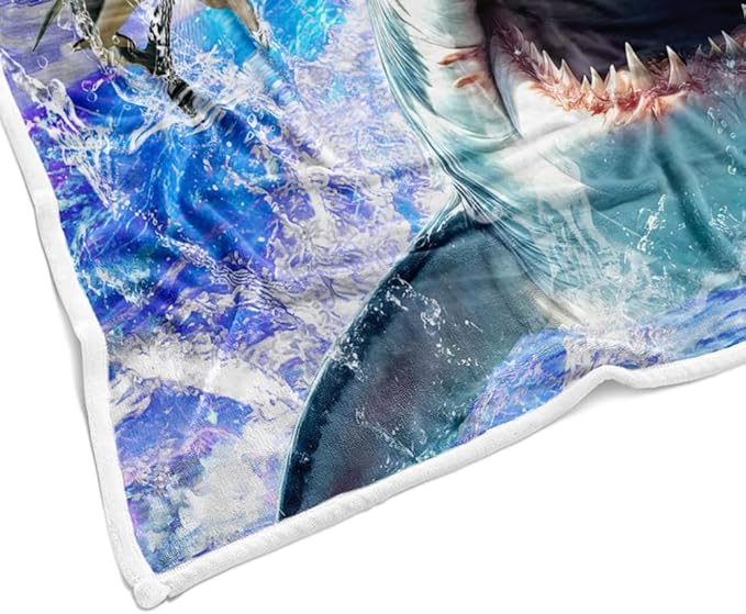 Funny Cat Blanket for Teens, Cool Cat Riding Shark Design Cute Cat Lover Throw Blankets for Girls Boys Adult Women Men Plush Cozy Flannel Fleece Ultra Soft Fuzzy Nebula Galaxy Kitten Party Blanket