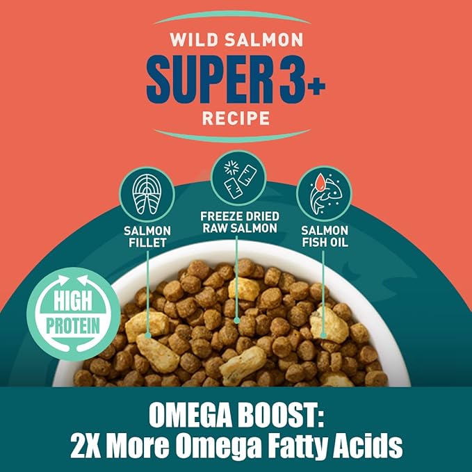SUPER3+ All-Salmon Freeze-Dried Raw Dry Cat Food, Fortified with Omega Fish Oil, High-Protein, Grain-Free, Allergy & Digestive Support, All-Natural, for Kittens & Adults, 10 lbs