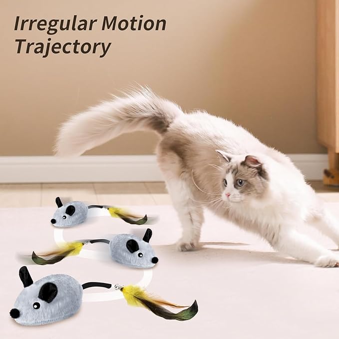 Interactive Cat Toys Mouse for Indoor Cats Rechargeable LED Cat Mouse Toy Feather Bell Tail Lifelike Electric Automatic Moving Mouse Cat Toy for All Breeds Cat Boredom Exercise-Gray