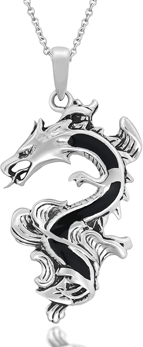 AeraVida Legendary Chinese Dragon Charm Stone Inlaid Accent .925 Sterling Silver Pendant on 18-inch Chain Necklace | Dragon Jewelry Necklace Accessory for Men Women Unisex