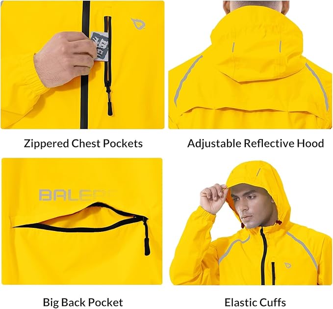 baleaf Men's Rain Jacket Waterproof Windbreaker Running Cycling Golf Hiking Gear Hood Lightweight Reflective Packable