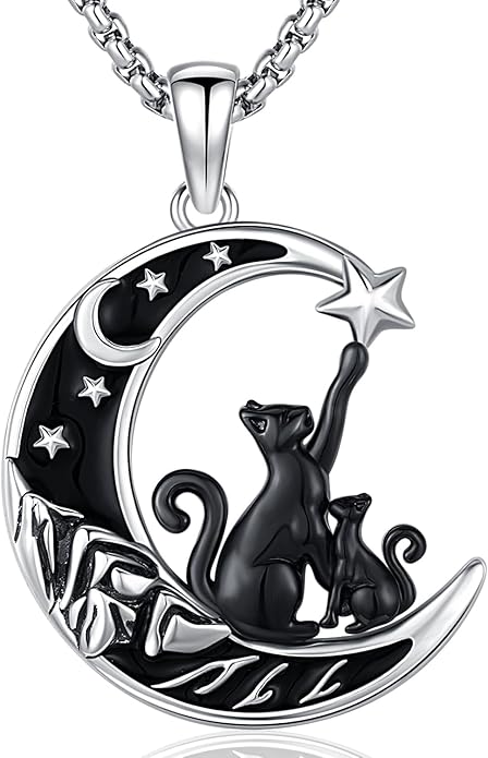 Aniu S925 Sterling Silver Cat Necklace for Women - Moon Pendant Jewelry, Gifts for Cat Lovers