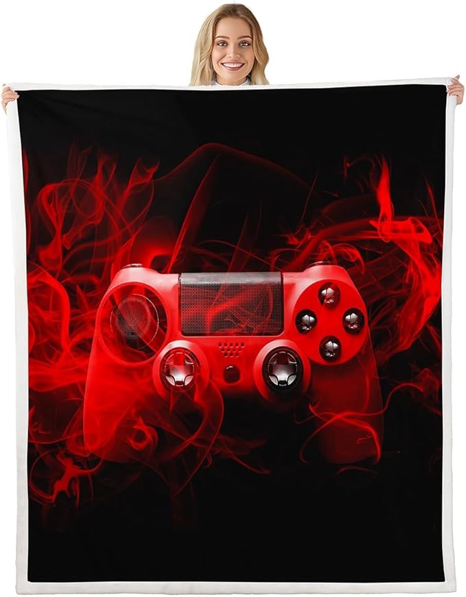 Gaming Throw Blanket Kids Gamer Red Gamepad Sherpa Blanket for Bed Sofa Couch Boys Girls Teens Video Game Room Decor Fleece Blanket Soft Gaming Console Plush Fuzzy Blanket All SeasonThrow 50"x60"