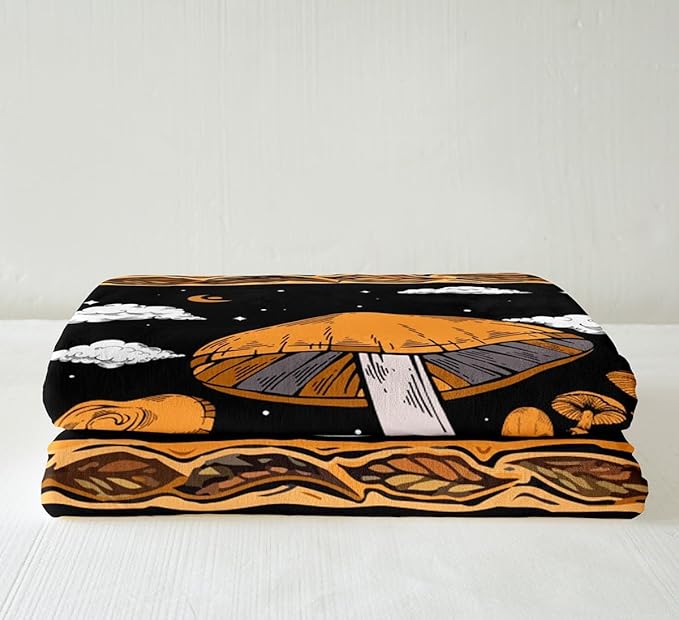 Sugar Skull Throw Blanket for Couch Hippie Mushroom Fleece Blanket, Gothic Skeleton Sherpa Blanket Baby Boho Orange Fungus Blanket, Horror Theme Bed Blanket Dark Aesthetic Halloween Decor Microfiber
