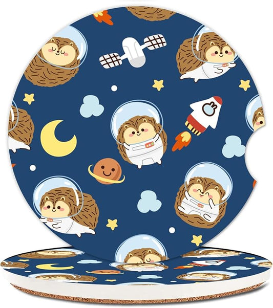 Absorbent Car Cupholder Coaster 2 Pack, Cute Car Coasters with a Finger Notch for Women & Men,2.56" Ceramic Stone & Non-Scratch Cork Base Drink Coasters, Cute Auto Accessories Gifts